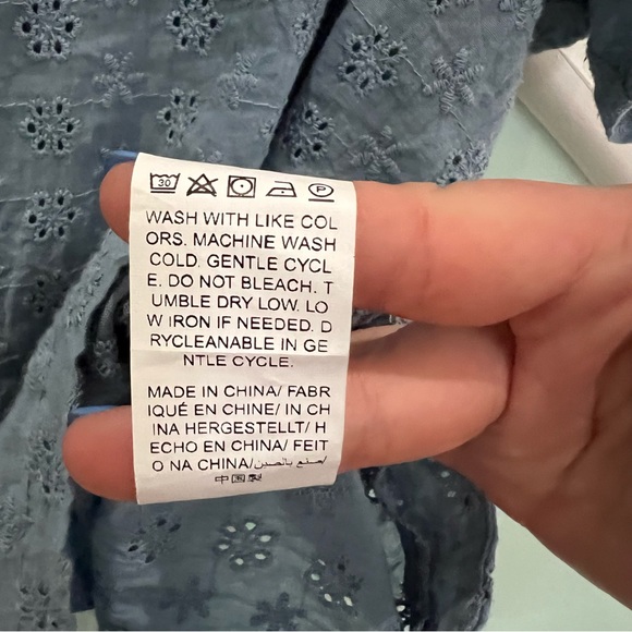 Blue Eyelet Embroidery Button Back Asymmetrical Blouse - Picture 8 of 8